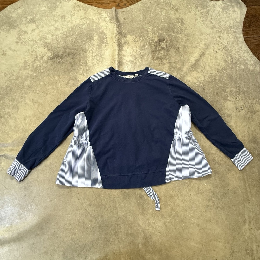 Vineyard Vines Shirt Womens‎ Sz M Blue White Striped Knit Drawstring Mixed Media
